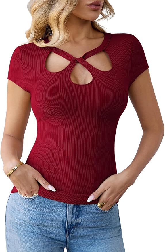 Pink Queen Sexy Tops for Women Cutout Keyhole Neck Cap Sleeve Shirts Casual Summer Clothes 2026 Fashion