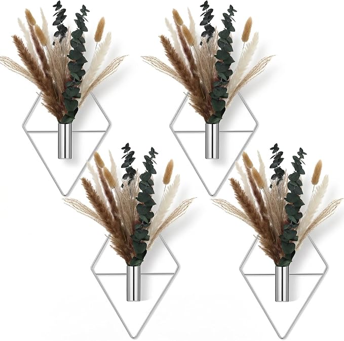 Jexine 4 Pcs Hanging Planters with Artificial Pampas Chrome Silver Metal Hanging Vase Indoor Plants Holder Modern Geometric Boho Bathroom Wall Decor for Living Room Home Office