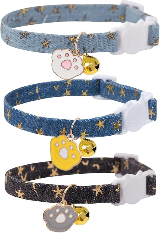 Cat Collar Breakaway with Bells,3 Pack Safety Adjustable Pet Collars,Ideal for Girl Boy Kittens. (Blue Black Starfish)