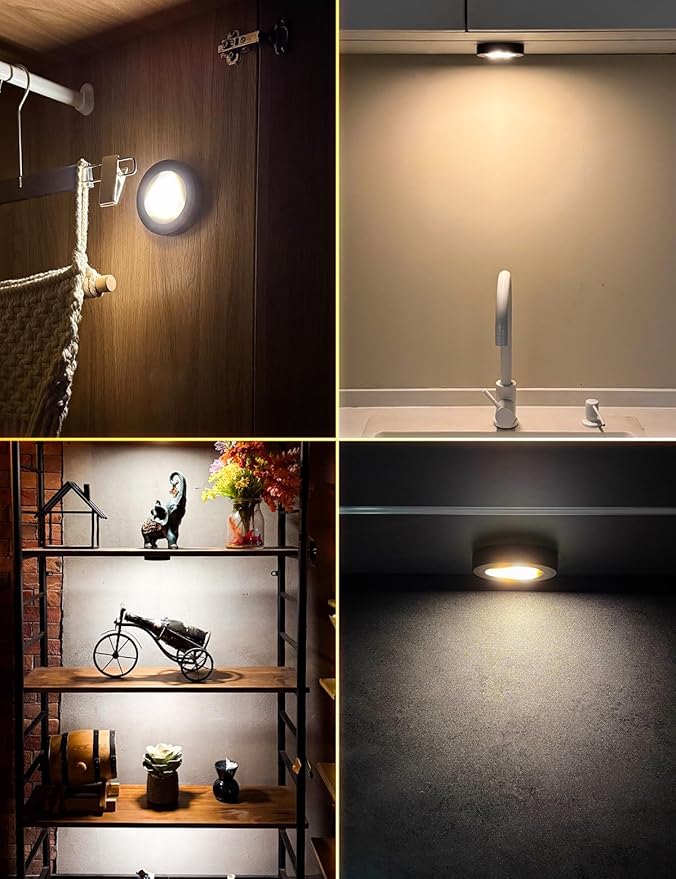 HOLKPOILOT Ultra Thin Puck Lights with Remote, LED Under Cabinet & Closet Lighting Wireless, 3 Color Temps & Dimmable Stick On Lights Battery Operated for Kitchen,Counter,Shelves (6pack)