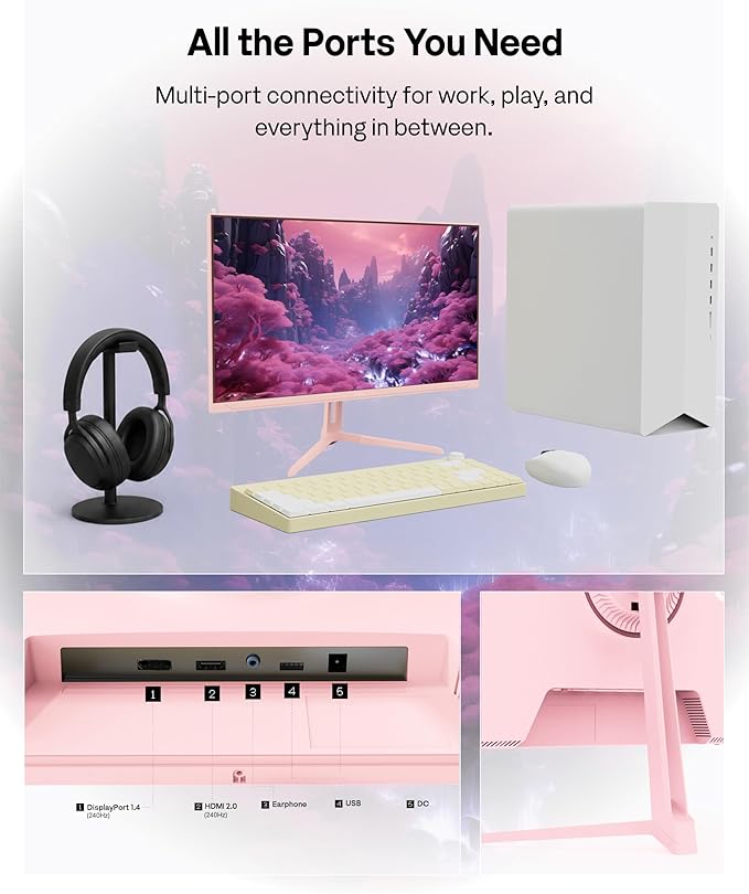 Pixio PX249 Wave Pink 24 inch 240Hz Refresh Rate FHD 1080p Resolution Fast IPS Panel 1ms GTG Response Time Built-in Speakers Gaming Monitor with Adaptive Sync