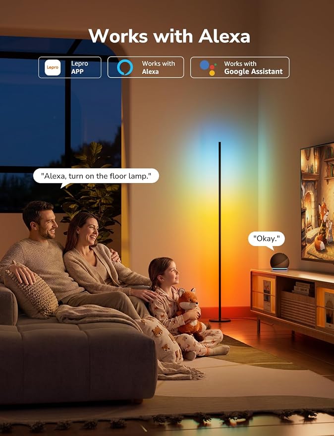 Lepro OE1 AI Corner Floor Lamp, Smart RGBICW LED Corner Lamp with Music Sync, Alexa Enabled, Personalized AI Lighting Designer, Modern Standing Lamp for Living Room/Bedroom,1000LM,2.4G WiFi, No Remote