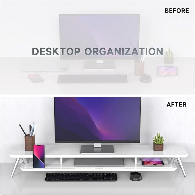 Fenge Dual Monitor Stand, Monitor Stands Riser for 2 monitors, 42.5 Inch Wood Desk Shelf with Storage Organizer and Cable Management for Office Desk Accessories