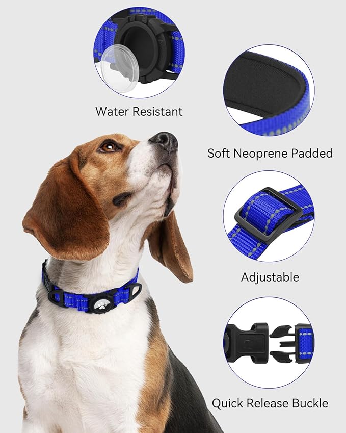 Joytale Airtag Dog Collar, Reflective Pet Collar with Waterproof AirTag Holder, Dual D-Rings, Soft Padded Adjustable for Extra Large Dogs, Navy Blue, XL