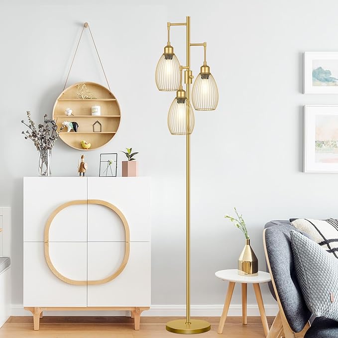 Dimmable Floor Lamp, 3 x 800LM LED Edison Bulbs Included, Farmhouse Industrial Floor Lamp Standing Tree Lamp with Elegant Teardrop Cage Head Tall Lamp for Living Room Bedroom Office Dining Room - Gold