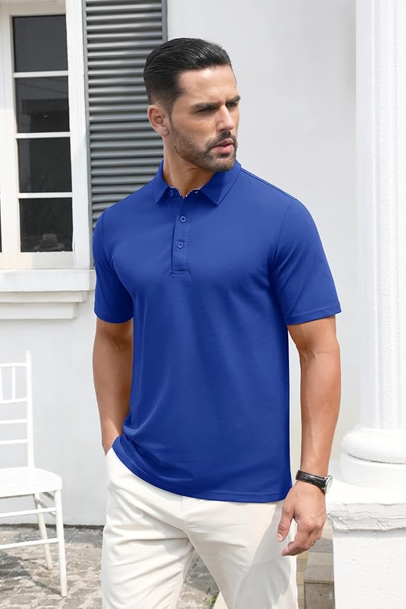 MAGCOMSEN Men's Polo Shirts Short Sleeve Cotton Pique 3 Button Classic Fit Casual T-Shirt Performance Golf Shirts