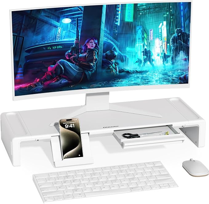 OImaster Monitor Stand Riser with Drawer - Adjustable Foldable Computer Monitor Stand for Desk, Desktop Organizer with Phone Holder & Pen Slot, Space Saving Laptop Riser for Home Office, White