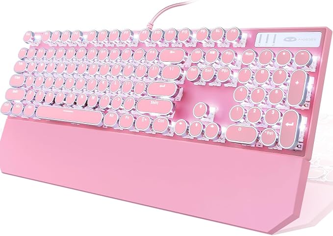 Camiysn Typewriter Style Mechanical Gaming Keyboard, Pink Retro Punk Gaming Keyboard with White Backlit, 104 Keys Blue Switch Wired Cute Keyboards, Round Keycaps for Windows/Mac/PC