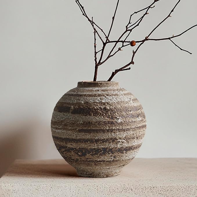 DIF DECO Ceramic Farmhouse Vase Rustic Decor,Pottery Decorative Flower Vases for Home Decor,Boho Vase for Table, Living Room,Bathroom,Shelf,Mantel Decoration,5.5 inch