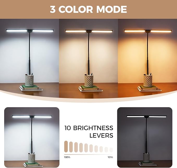 Voncerus LED Desk Lamp for Home Office, Double Head Desk Light with Clamp | 3 Modes 10 Brightness, Long Flexible Goose-Neck, Eye-Caring, Memory Function, Energy Efficient, USB Adapter, Metal, Black