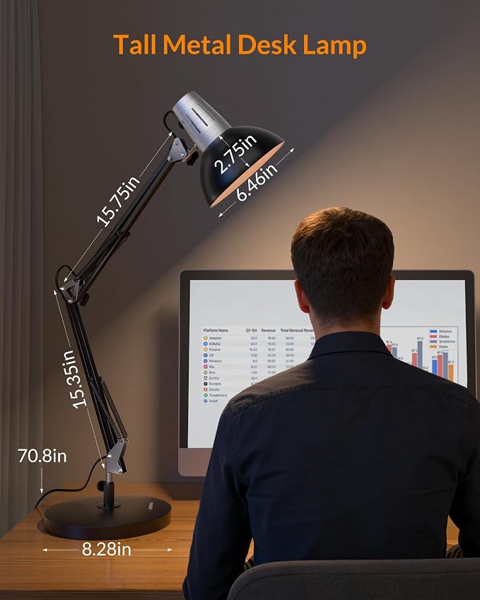 LEPOWER Metal Adjustable Desk Lamp with Clamp, Swing Arm for Home Office | Gooseneck, Architect Style, Eye-Caring Table Lamp, On/Off Switch, E26 Base, Reading for Dorm, Bedroom, Study, Back to School