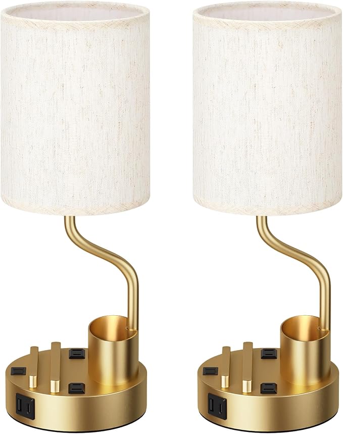 Fenmzee Bedside Lamps for Bedroom Set of 2 - Table Desk Lamp for Nightstand | 15" Table Lamp for Living Room with Pen Holder & Phone Stand, USB A+C Port, AC Outlet, 3 Color Temperature, LED Bulb Included