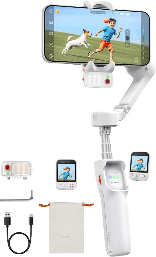 Hohem iSteady V3 Ultra Gimbal Stabilizer for Smartphone, AI Tracking Phone Gimbal, 1.22" Touchscreen Detachable Remote Control, Built-in Extension Rod & Tripod, 360�� Infinite Pan, Vlog Filming, White