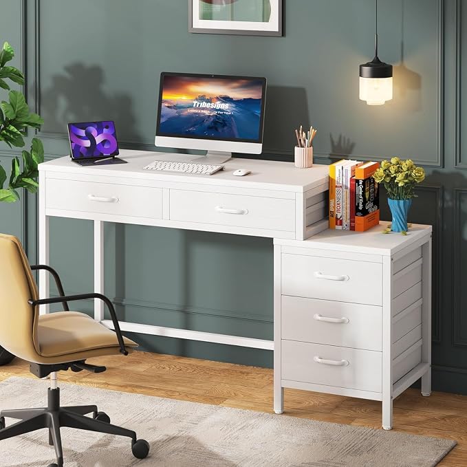 Tribesigns Computer Desk with 5 Drawers, Reversible Home Office Desks | Small Desk with Drawer Cabinet Printer Stand, PC Desk with Storage, White Study Writing Table Workstation for Small Spaces