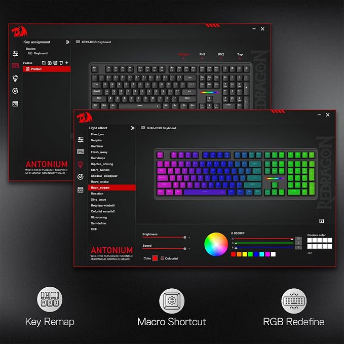 Redragon K745 Wired 108-Key Gasket RGB Gaming Keyboard, 4 Extra Hotkeys | Dedicated Shortcut Keys for Mute, Calc & Desktop, Cushioned 5-Layer Dampening for Creamy Thocky Sound, Programmable Software