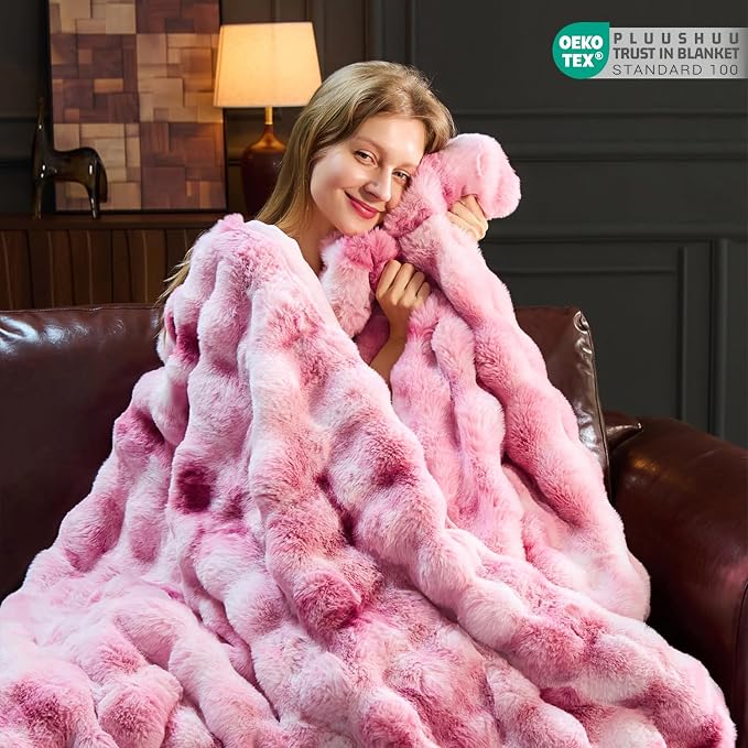 Faux Fur Throw Blanket for Couch, Fluffy Fuzzy Plush Bubble Blanket, Soft Warm Cozy Shaggy Rabbit Blanket, Luxury Decorative Gifts for Sofa Bedroom Living Room, 60x50inch (Tie-Dye-Pink)