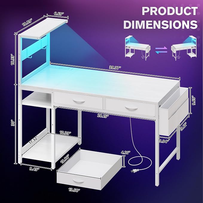 40 Inch Small Gaming Desk with Drawers & Led Lights & Storage Bag, White | Reversible Storage Shelf, Power Outlets, Wood Grain Gaming Table, Compact Computer Desk for Small Space, Bedroom, Home Office