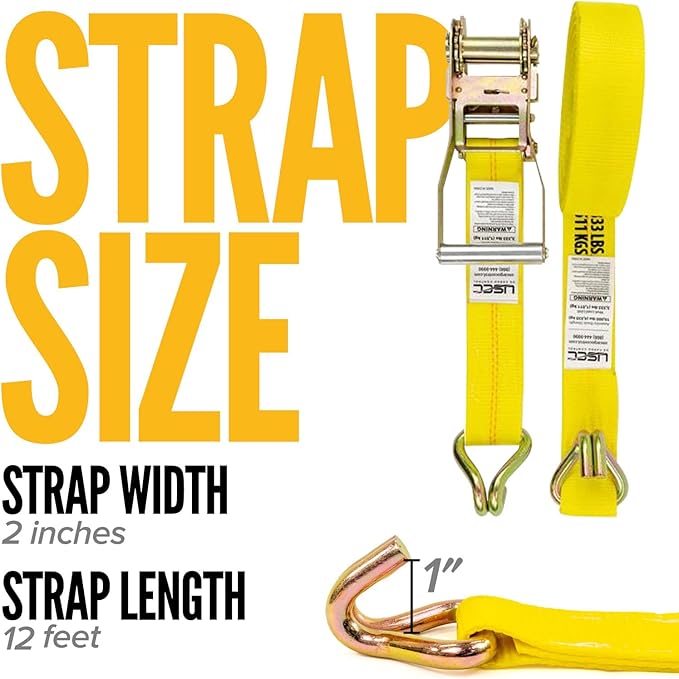 US Cargo Control Wire Hook Ratchet Straps 2 Inch x 12 Foot (2-Pack), 10,000 LBS Break Strength, Yellow 2 Inch Ratchet Straps Heavy Duty with J Hooks, Heavy Duty Tie Downs for Trailers and Trucks