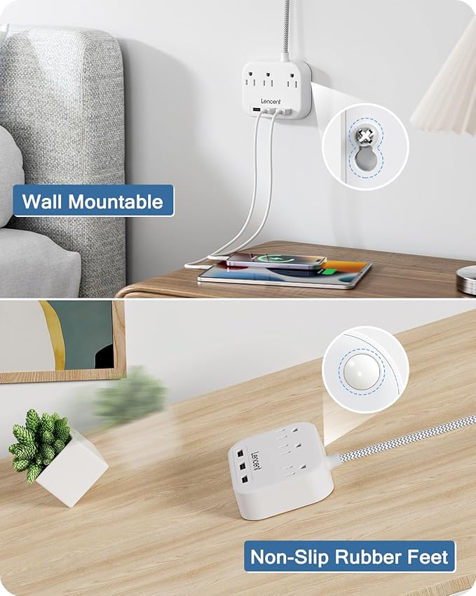 LENCENT 2 Prong Power Strip, 2 Prong to 3 Prong Outlet Adapter, 6.6 ft Braided Extension Cord with Polarized Plug, 3 AC Outlets and 3 USB, Wall Mountable, Ideal for Non Grounded Outlets