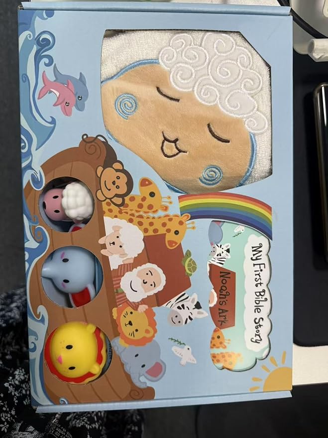 My First Noahs Ark 7 pcs Baptism Gift Set, Dedication, Christening and Baptism Gifts for Boys and Newborn Baby, Includes Washcloth and Hooded Towel, Baby Bath Book, 3 Bath Toys and Gift Bag