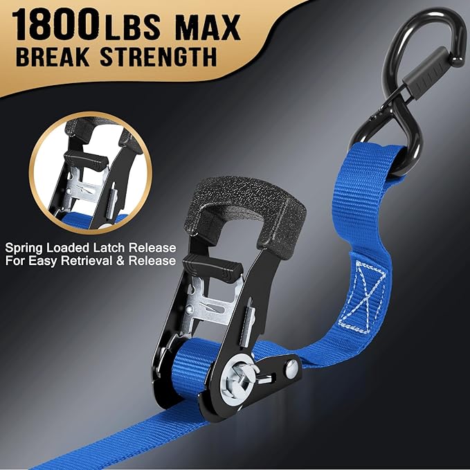 Ratchet Straps - Heavy Duty Tie Downs Straps - 1 Inch x 15 Feet 4 Pack - Safety S Hooks & Soft Loops, 1800LBS Break Strength for Men, Trucks Cargo Moving appliances Motorcycle ATV (Blue)