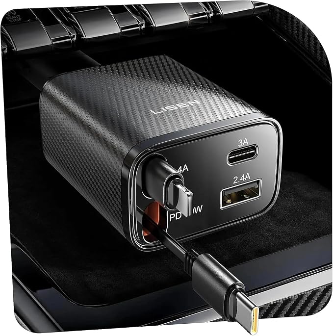 LISEN Retractable Car Charger, 84W Car Charger USB C Fast Charger Adapter, Car Accessories for Men Women, Gifts for Fathers Day for Men Dad Husband, for iPhone 17 16 15 14 13 12 Pro Max, Carbon-Grey | Multiple Ports Car Charger, Retractable Car Charger...