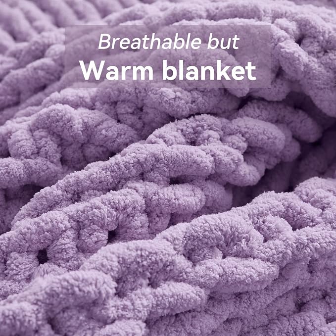 Negwoo Chunky Knit Throw Blanket, Knitted Throw Chenille Yarn, 80"*90" | Soft Thick Cable Knitted Blankets, Handmade Big Thick Blanket,Machine Washable Cute Comfy Blanket for Home Decor,Light purple