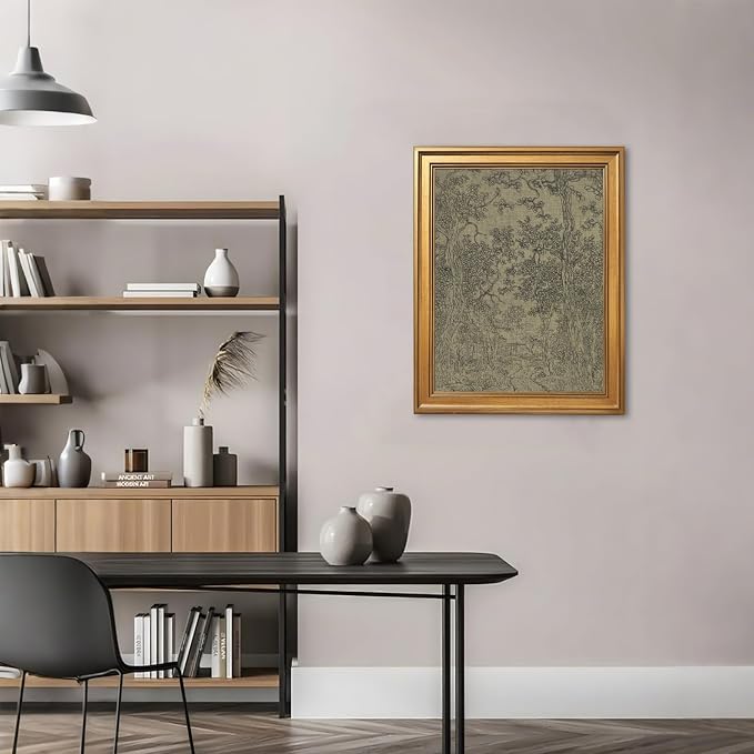 Gold Framed Antique Textile Landscape Sketch Wall Art Painting Moody Vintage Drawing Print Rustic Old-World Picture Poster Neutral Canvas Artwork for Living Room Study Entryway Home Decor 24x36inch