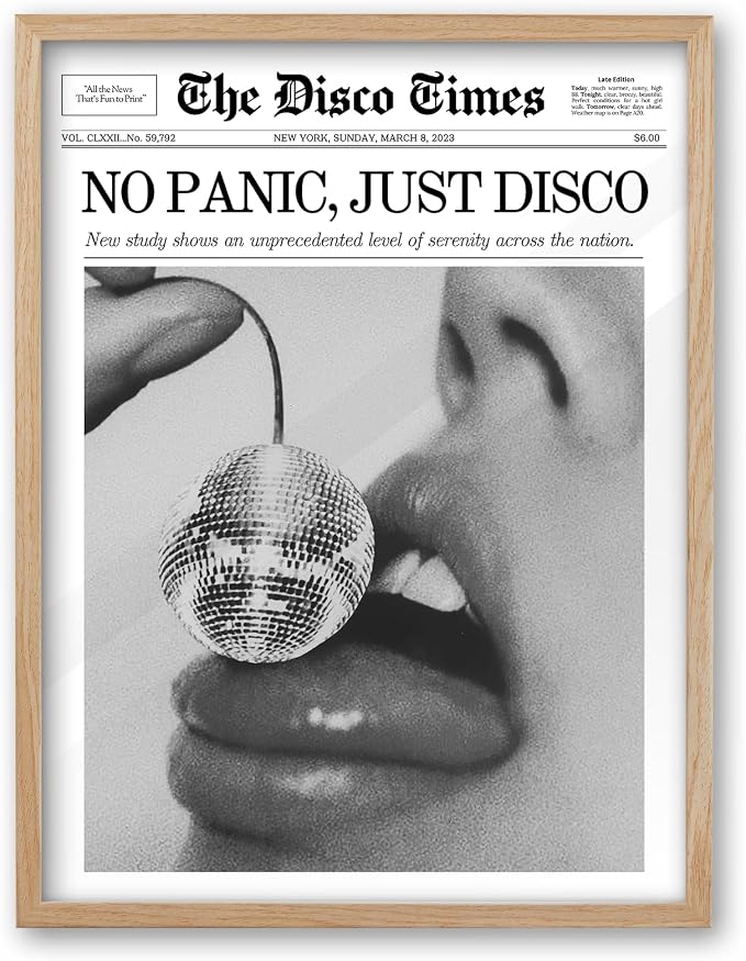 iHery 12x16in No Panic Just Disco Framed Newspaper Wall Art | Natural OAK Wood Frame with Canvas Print, Retro Disco Ball Decor for Bedroom, Girl Dorm, Living Room and Home, 1Pack