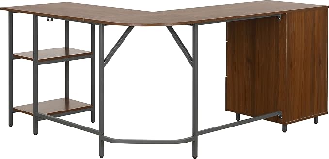 Techni Mobili L Shaped Desk - Two-Toned Computer Desk with Drawers & Storage Shelves - Simple Modern Furniture & Home Office Space Corner Table for Work & Writing | 59" two‑tone L‑shaped desk with storage shelves, durable frame, modern corner workstati...