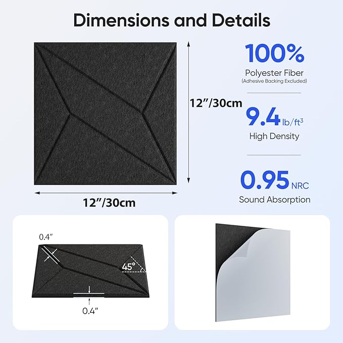 12 Pack 12" X 12" X 0.4" Acoustic Panels for Wall Sound Absorbing, P-Stripes Square Self-Adhesive Sound Panels, High Density Suitable for Multiple Scenarios(Black)