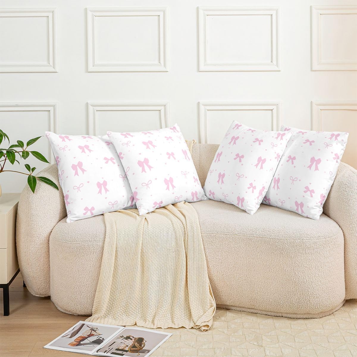 Feelyou Light Pink Bow Throw Pillow Covers 1 Pcs Cute Princess Bowknot Cushion Case Kawaii Love Heart Pattern Decor Pillowcase Indoor Outdoor Super Soft 22 x 22-Inch