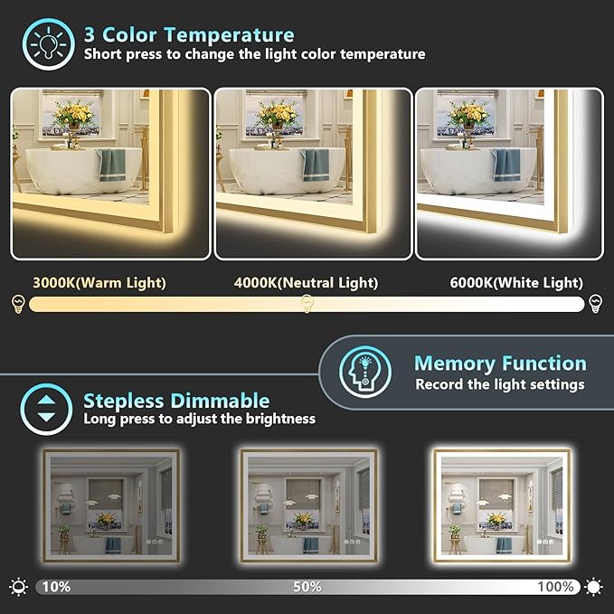 44x36 Gold Beveled LED Bathroom Mirror with Lights, Brushed Gold Framed Backlit and Front Lit Anti-Fog Lighted Vanity Mirrors for Bathroom Wall, Dimmable, 3 Colors, Memory, HD Tempered Glass
