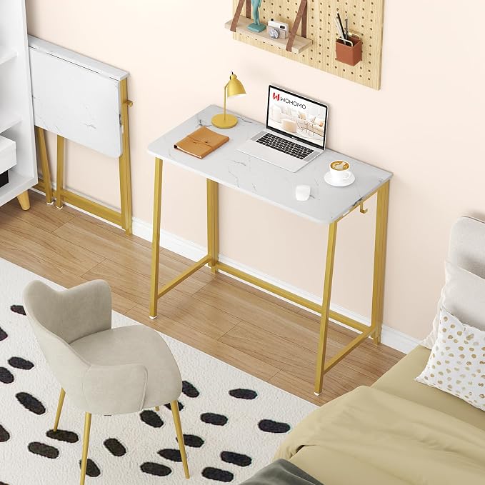WOHOMO Folding Desk, 39.4" Foldable Computer Table for Small Spaces, Gold | Easy Assembly and Fold, Sturdy Home office desks for Study Bedroom Dorm Space Saving Writing Work Apartment
