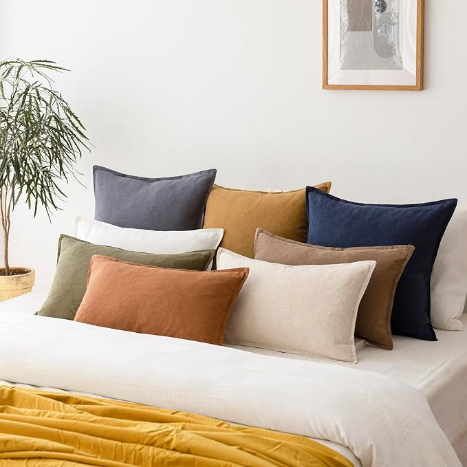 Foindtower Pack of 2, Decorative Linen Solid Throw Pillow Covers Soft Accent Lumbar Cushion Case Boho Farmhouse Pillowcase for Couch Sofa Bedroom Living Room Home Decor 12 x 20 Inch Navy Blue