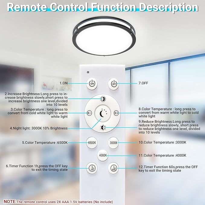 libtit 13 Inch LED Ceiling Lights with Remote for Bedroom Kitchen, 24W 2400lm Super Bright & Dimmable Flush Mount Light Fixtures, 2700K-6500K Adjustable Modern Lamps with Timer, Black