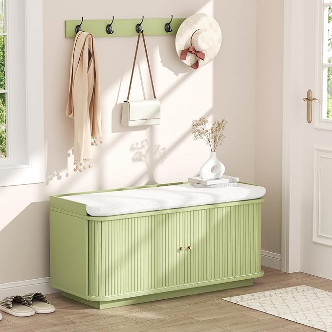 Hall Tree with Bench and Shoe Storage, Entryway Bench with Sliding Door Cabinet, Removable Padded, Metal Wall Hooks and Adjustable Storage Compartments, for Entry, Hallway, Living Room, Green
