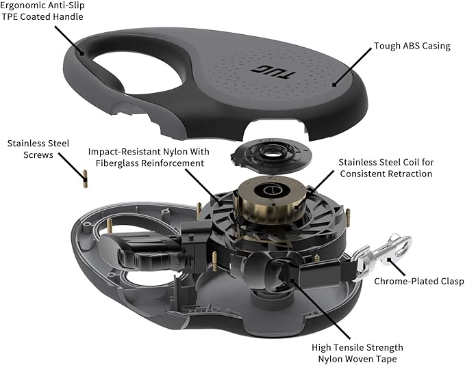 TUG 360° Tangle-Free Retractable Dog Leash with Anti-Slip Handle | 16 ft Strong Nylon Tape| One-Handed Brake, Pause, Lock (Medium, Grey)