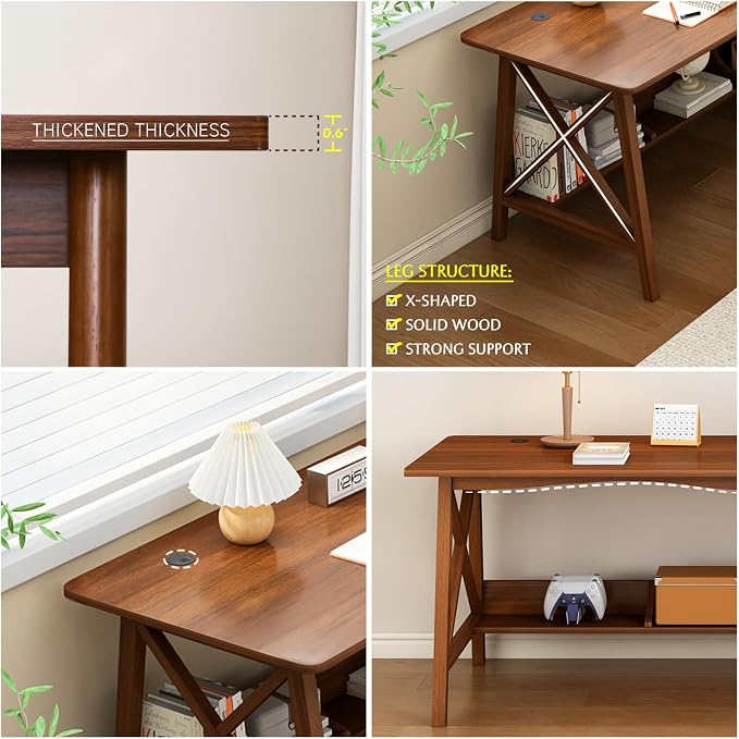 NELYE Extra Long Writing Desk with Bookshelf, 63" Wx24 Dx30 H, Walnut | Wooden Home Office Work Study Table, Computer Gaming Workstation with Storage Shelf, Sturdy MDF Resists Wobble