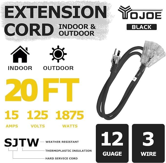 YOJOE 3-Outlets Indoor Outdoor Extension Cord with Lighted End, 3 Prong 15A Weatherproof Power Cord, 12 Gauge Heavy Duty 20 ft Black Extension Cord Multiple Outlets, 12/3 SJTW UL Listed