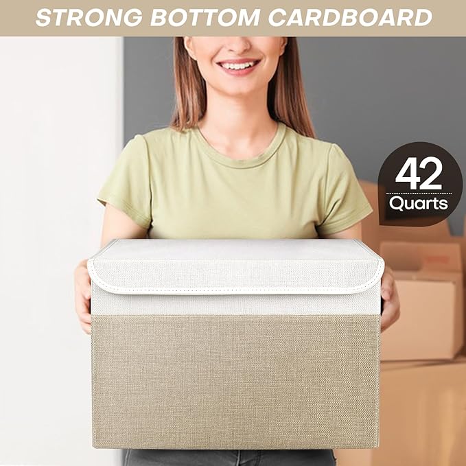 Large 42 Quarts Fabric Storage Bins with Lids [2-Pack] Linen Collapsible Foldable Baskets, Closet Organizer Containers boxes with Handles for Home Office (16.7 x 12 x 12, Beige & White)