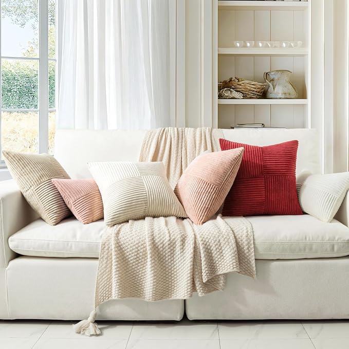 MIULEE Cream White Decorative Lumbar Throw Pillow Covers 14x22 Inch 2 Pack | Beige Neutral Boho Farmhouse Pillow Covers, Soft Cross Corduroy Patchwork Textured Cushion Cases For Couch Sofa Bed