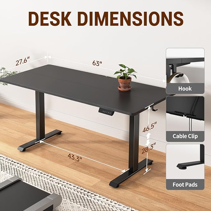 Veken Standing Desk, 63×27.6 Inch Electric Gaming Table, Black | Height Adjustable Sit Stand Up Computer Tables for Home Office, Study , Writing, Suit students, employees and group work