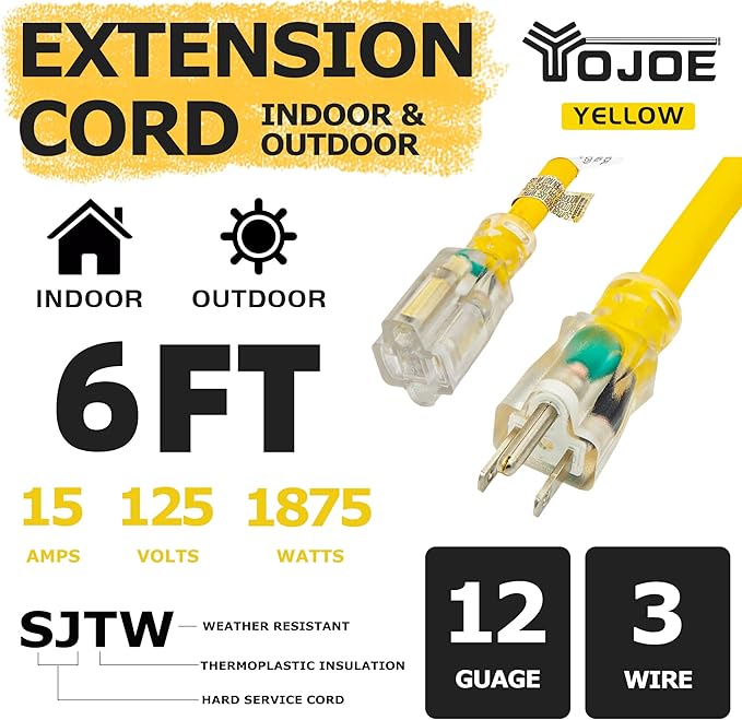 YOJOE Indoor Outdoor Extension Cord with Lighted End, 3 Prong 15A Weatherproof Power Cord, 12 Gauge Heavy Duty 6 ft Yellow Extension Cord for Garage, Garden and Home, 12/3 SJTW UL Listed