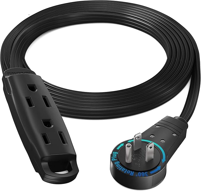 Maximm 360 Degree Rotating Flat Extension Cord 10 Ft Multi 3 Outlet Power Cord Grounded 16 AWG UL Certified, Black