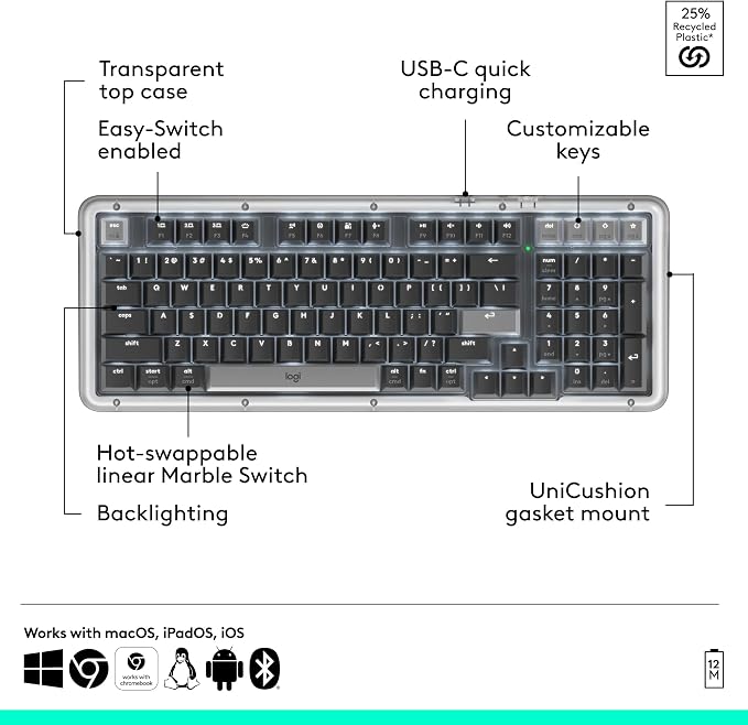 Logitech Alto Keys K98M Wireless Mechanical Gasket Keyboard - Graphite | Customizable, clicky, vibration absorbing gasket, white backlit keys, Bluetooth, USB-C charging, for PC, Mac, Laptops