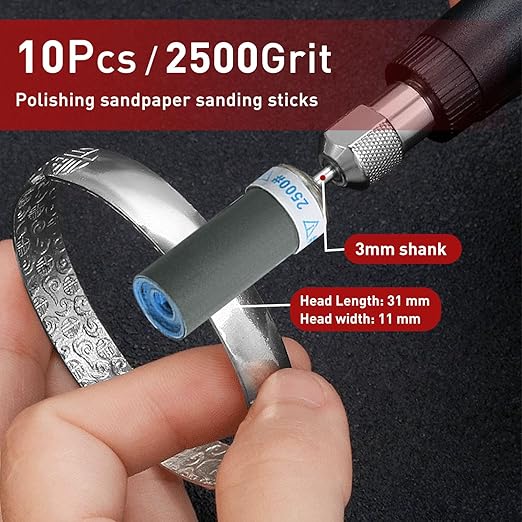 10Pcs 2500 Grit Sanding Drums Sandpaper Sticks Set with 1/8"(3mm) Shank for Dremel Rotary Tool, Suitable for Metal Rust Removal/Jade Polishing/Stone Grinding