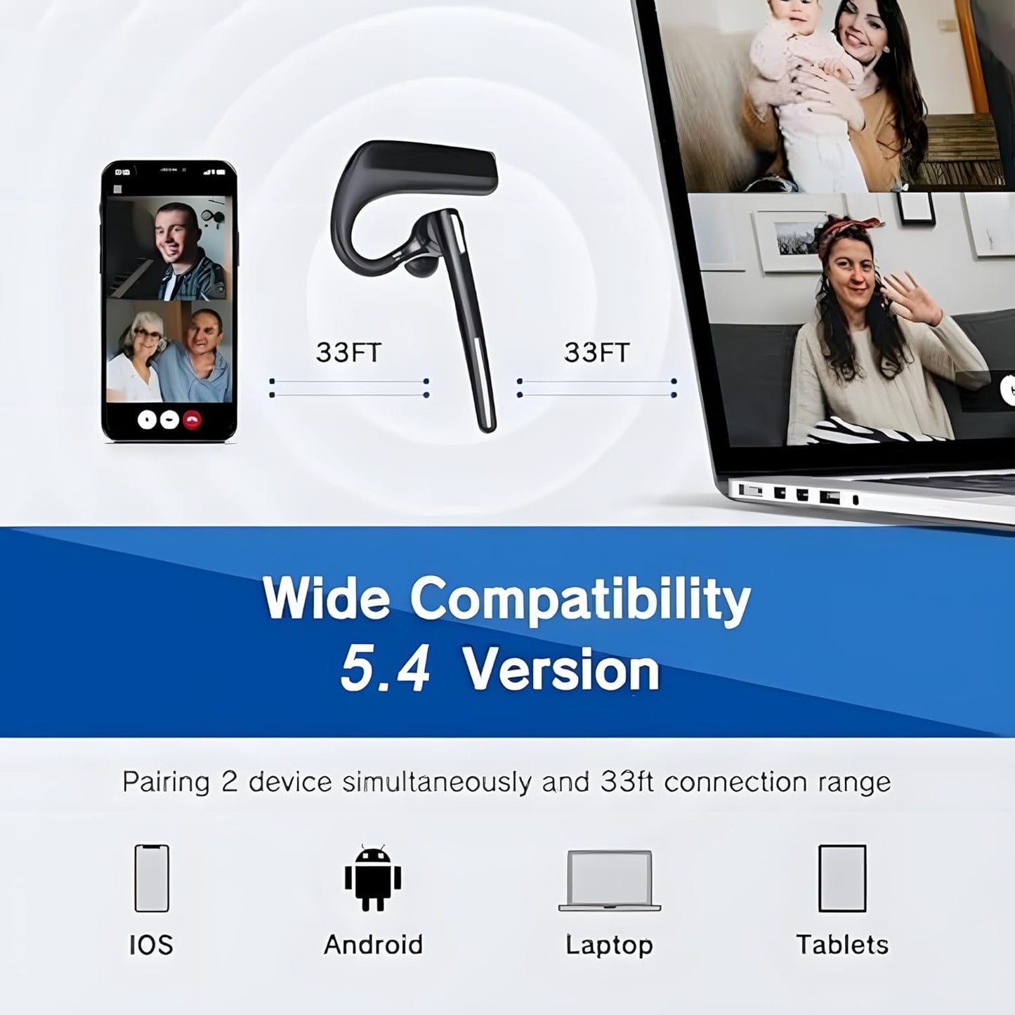 Bluetooth Headset V5.4, Wireless Bluetooth Earpiece with CVC8.0 Dual Mic Noise Cancelling, 110 Hours Talktime Hands-Free Headphones for Cell Phone, iPhone and Android, for Trucker and Business Use