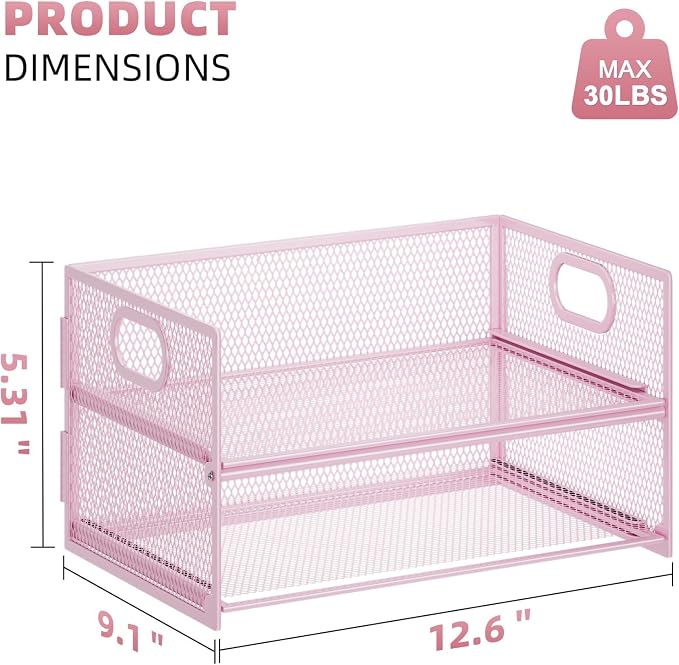 Marbrasse 2 Tier Paper Organizer Letter Tray, Mesh File Organizer with Handle, Paper Sorter Desk Organizer for Home Office Supplies - Pink
