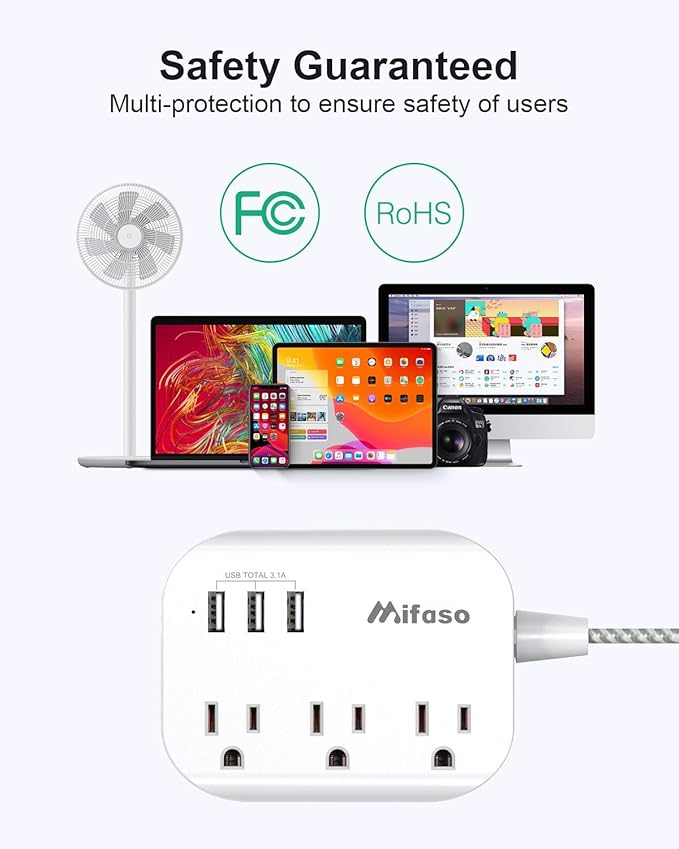 Mifaso USB Power Strip, Flat Plug Power Strip Extension Cord with 3 Outlets 3 USB Ports(Smart 3.1A), 3ft Braided Power Cord, ETL Listed Compact for Cruise Ship, Travel, Home, Office